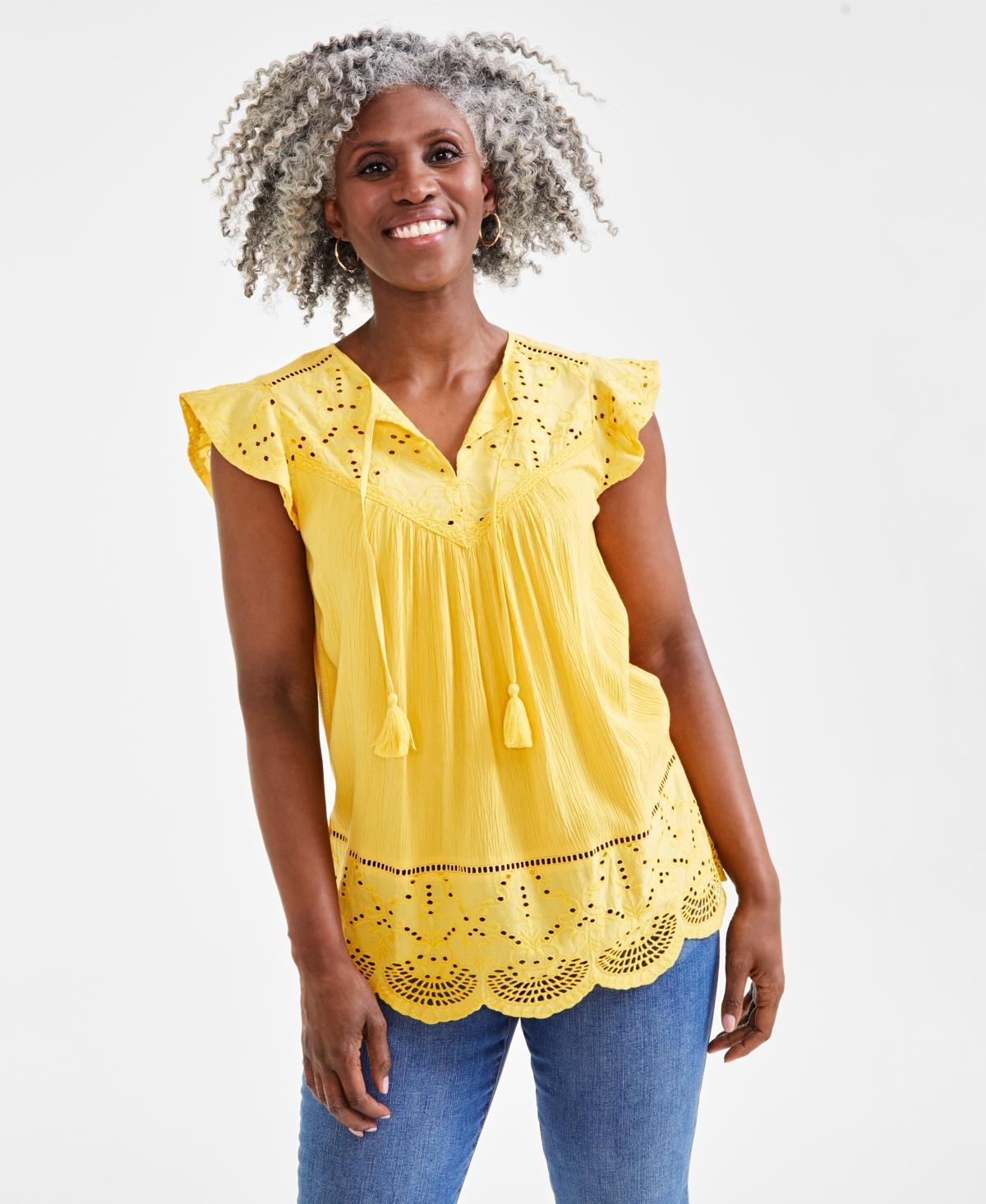 Style & Co Petite Lace-Trim Mixed Media Top, Created for Macys Product Image