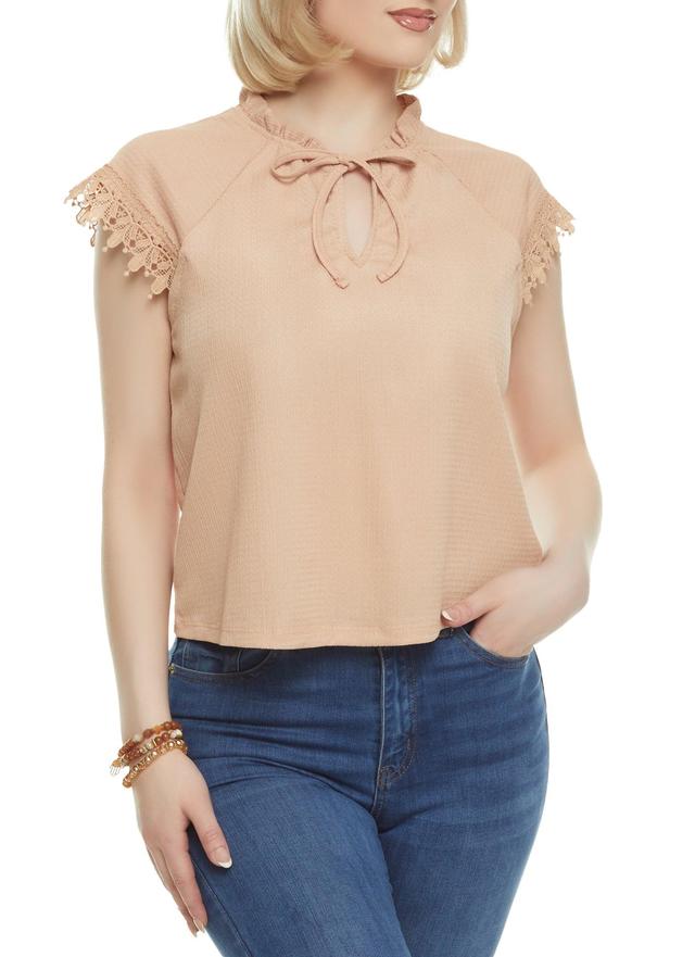 Womens Textured Knit Lace Trim Sleeve Blouse Product Image