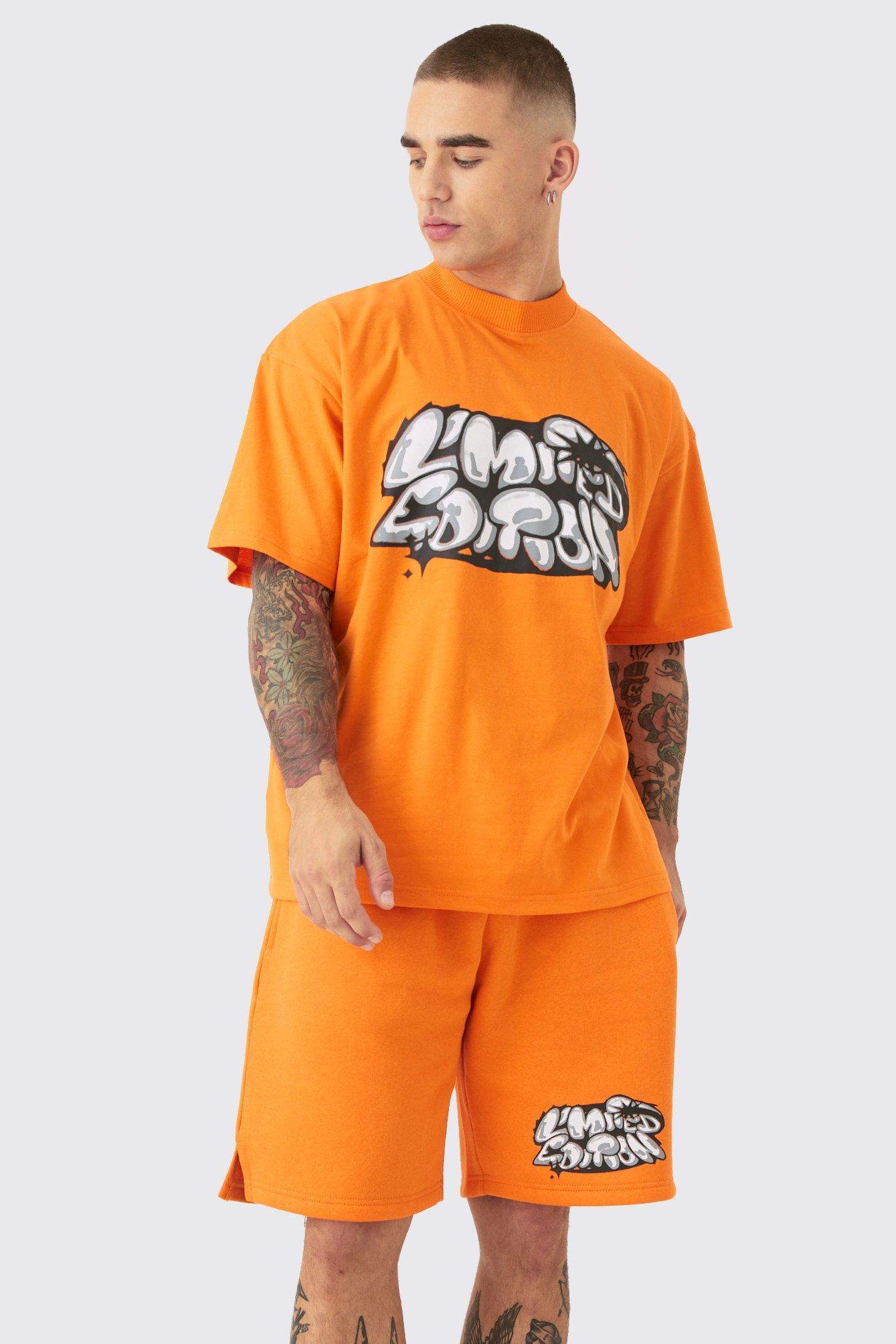 Oversized Extended Neck Graffiti T-shirt And Short Set | boohooMAN USA Product Image