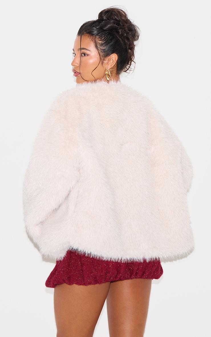 Cream Glitter Faux Fur Coat Product Image