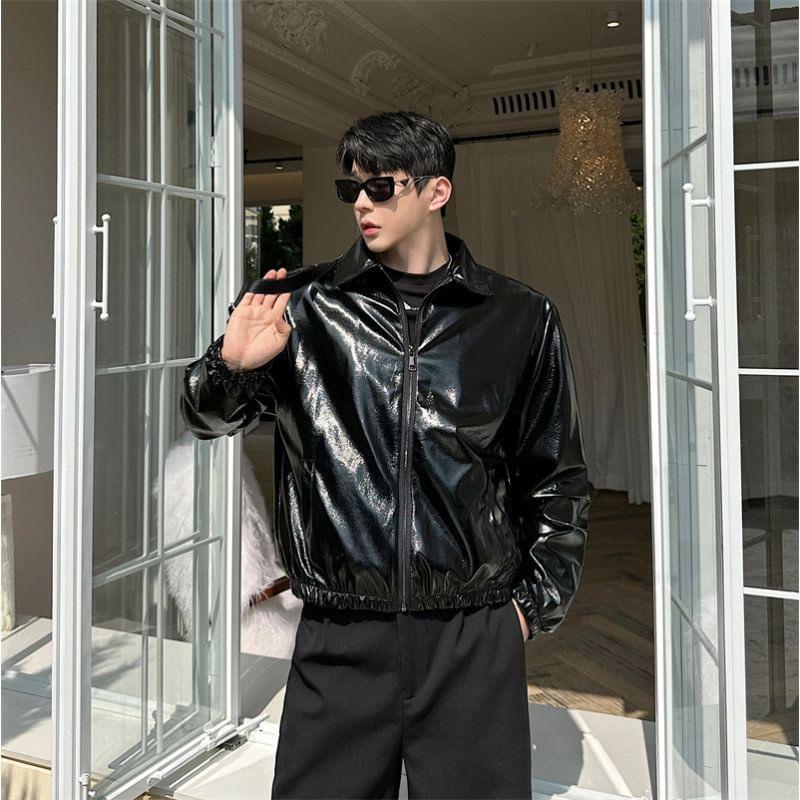 Plain Faux Leather Zip Jacket Product Image