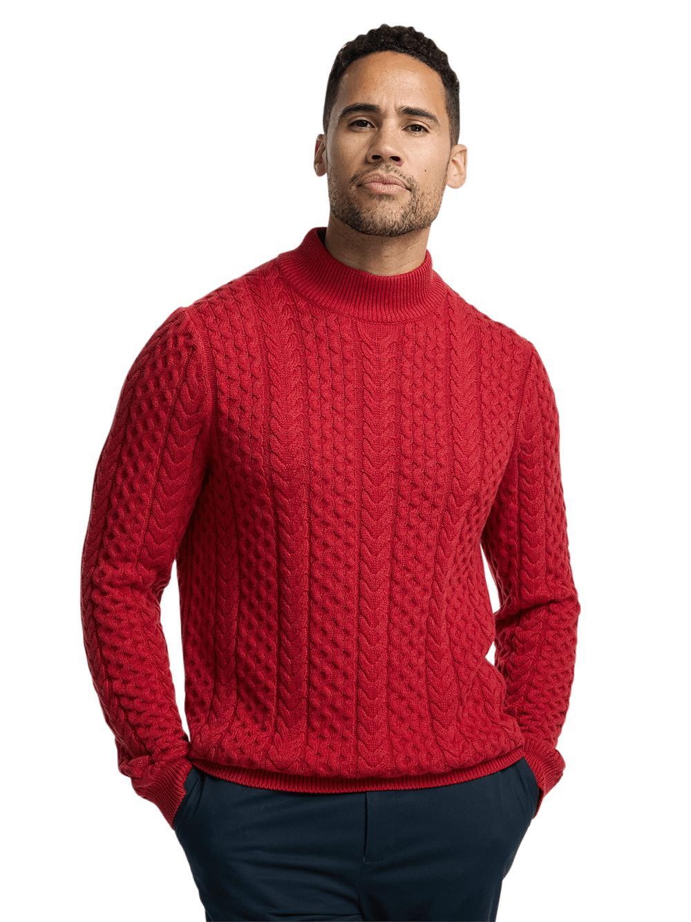 Cotton Cable Mock Neck Sweater - Red Product Image