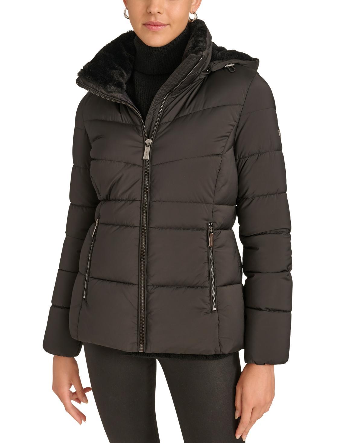 Calvin Klein Womens Faux-Fur-Lined Hooded Puffer Coat Product Image