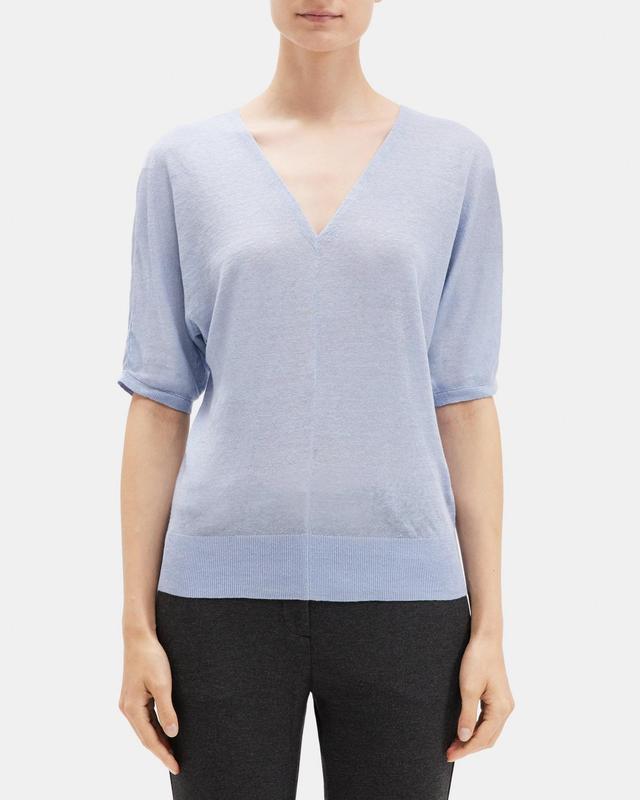 V-Neck Short-Sleeve Sweater in Knit Linen Product Image