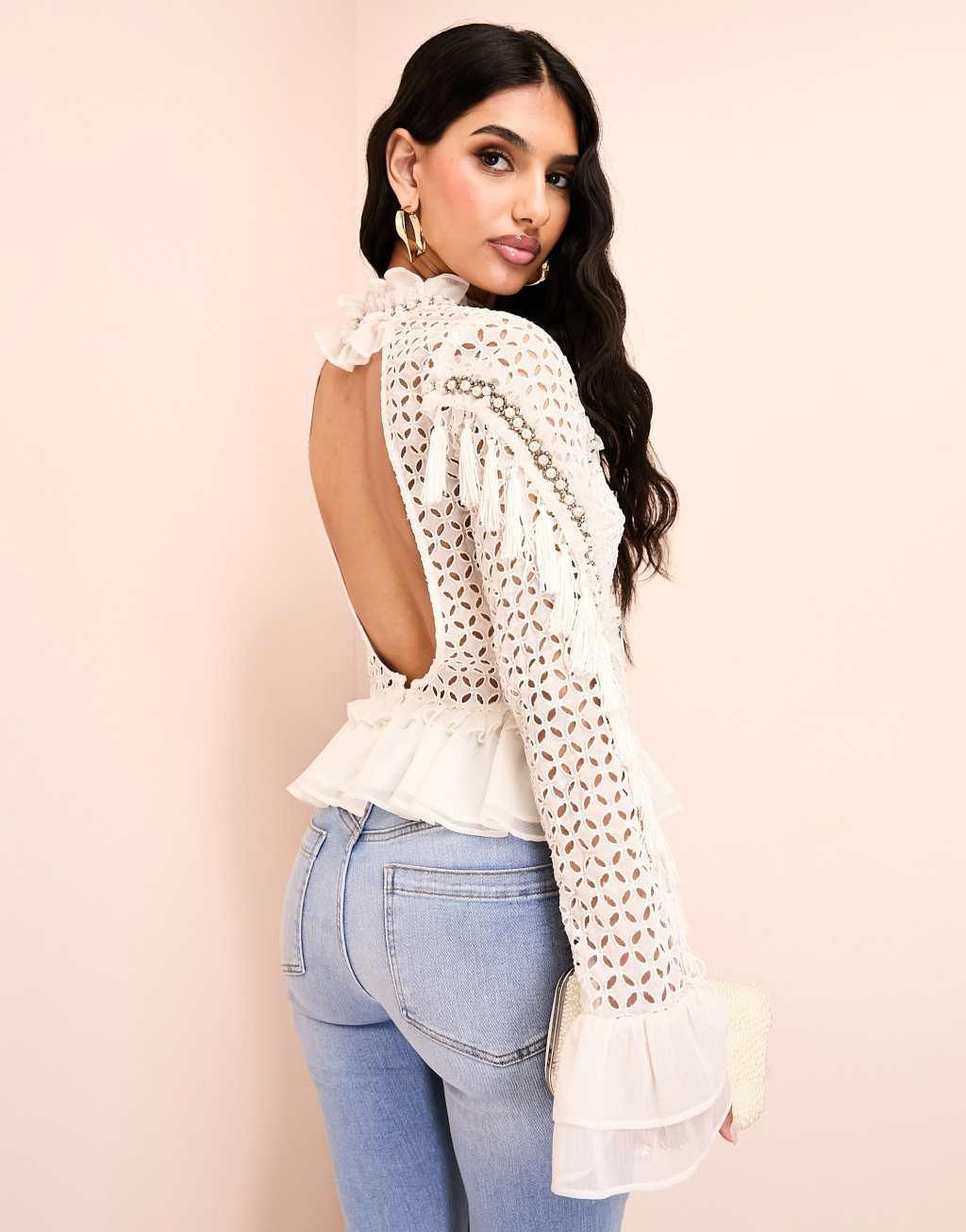 ASOS LUXE 3D floral embellished cotton eyelet top with organza peplum hem in white Product Image