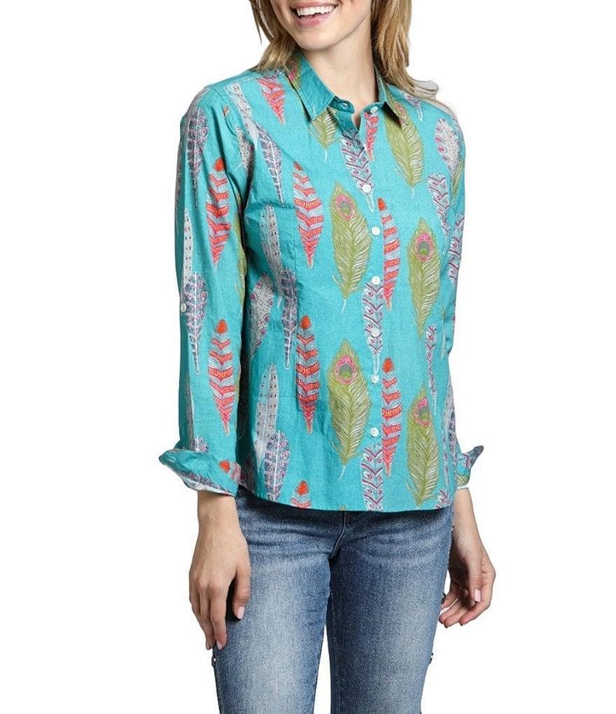 APNY Printed Spread Collar Neckline Long Sleeve Button Front Top Product Image