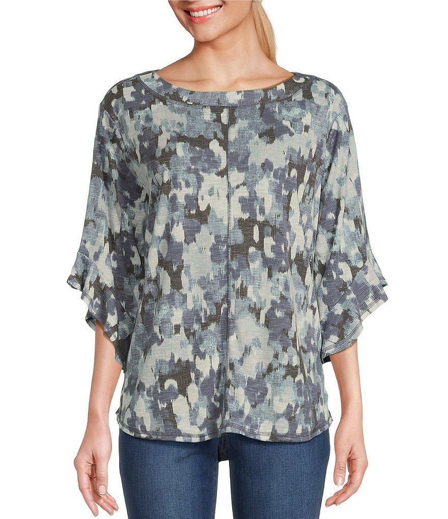 Westbound Knit Floral Crew Neck 3/4 Ruffle Sleeve Top Product Image