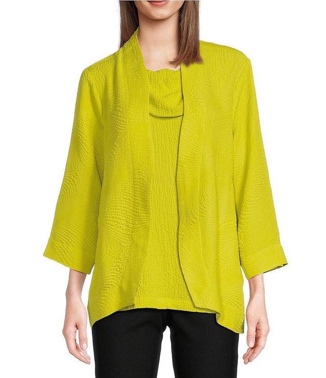 Ali Miles Textured Woven Stand Collar 3/4 Sleeve Pocketed Asymmetric Hem One Button-Front Jacket Product Image