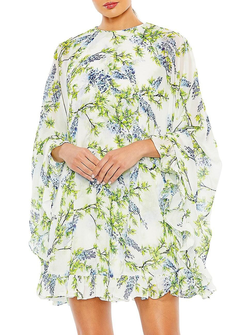 Mac Duggal Floral Print Long Sleeve Ruffled Hem Cape Back Mini Dress Product Image