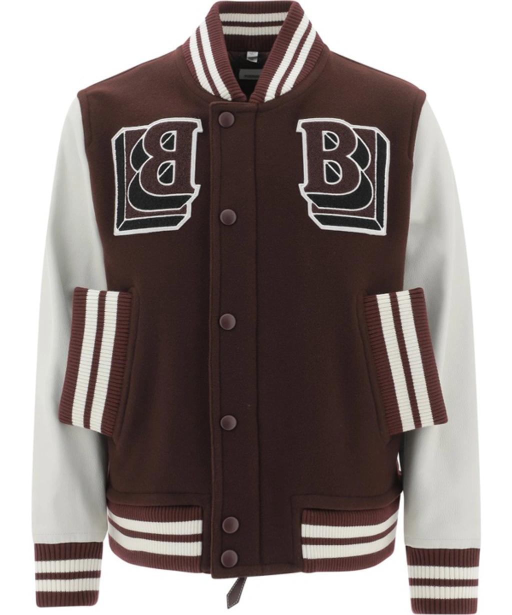 Leather Sleeve Wool Blend Varsity Jacket In Deep Maroon Product Image