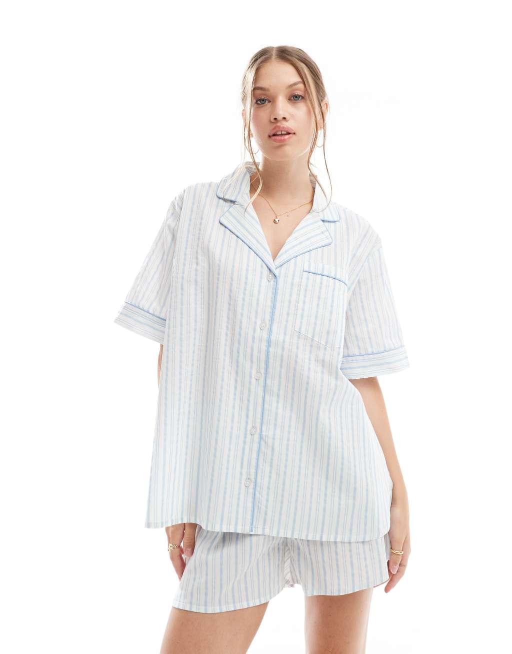 ASOS DESIGN woven stripe short sleeve shirt & short pajama set in blue Product Image