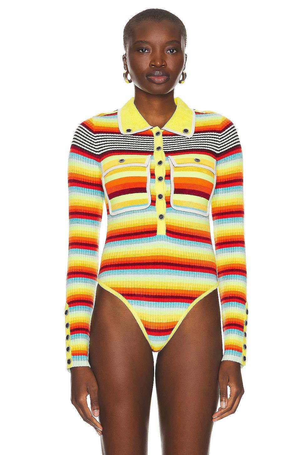 Christopher John Rogers Striped Ribbed Polo Bodysuit in Orange Product Image