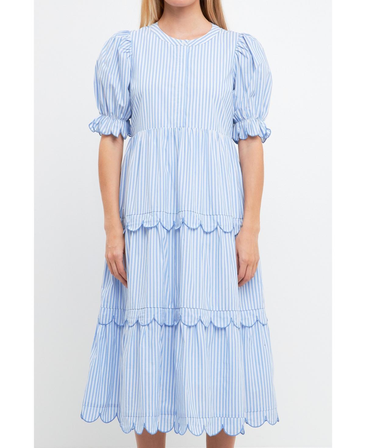 English Factory Stripe Scallop Edge Tiered Midi Dress Product Image