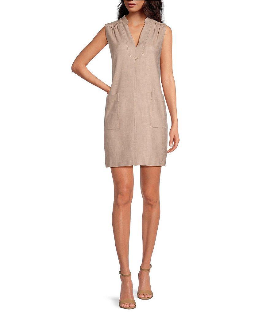 Trina Turk Suntan Twill V-Neck Notch Collar Sleeveless Tonal Stich Shift Dress Product Image