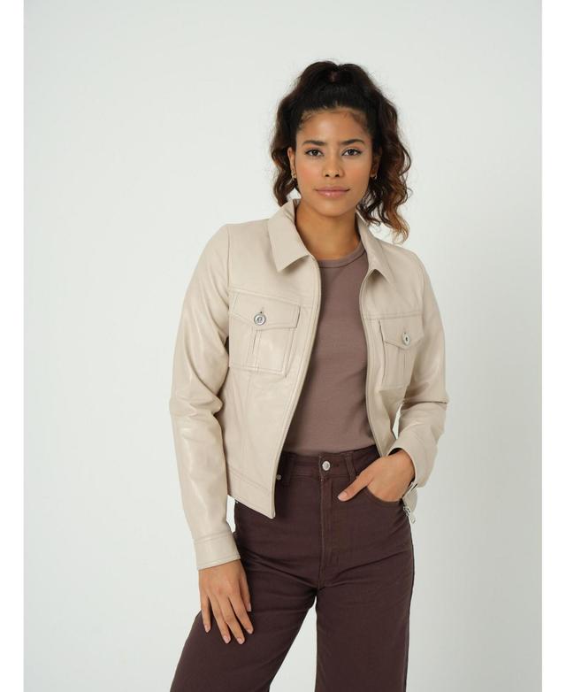 Furniq Uk Womens Denim Style Zipper Nappa Jacket Beige Product Image