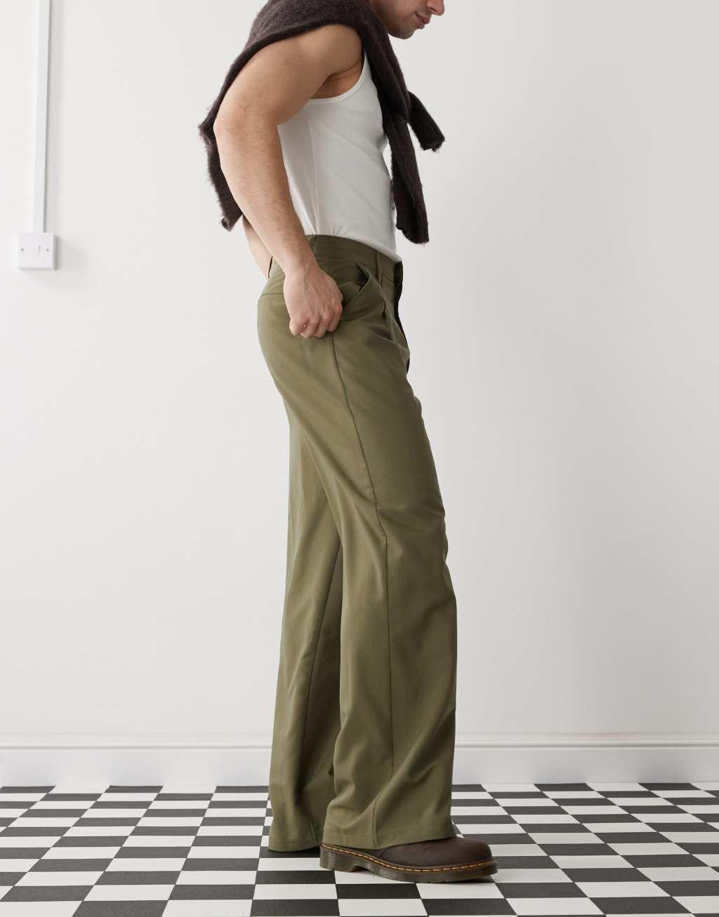 COLLUSION relaxed wide leg tailored pants in olive Product Image