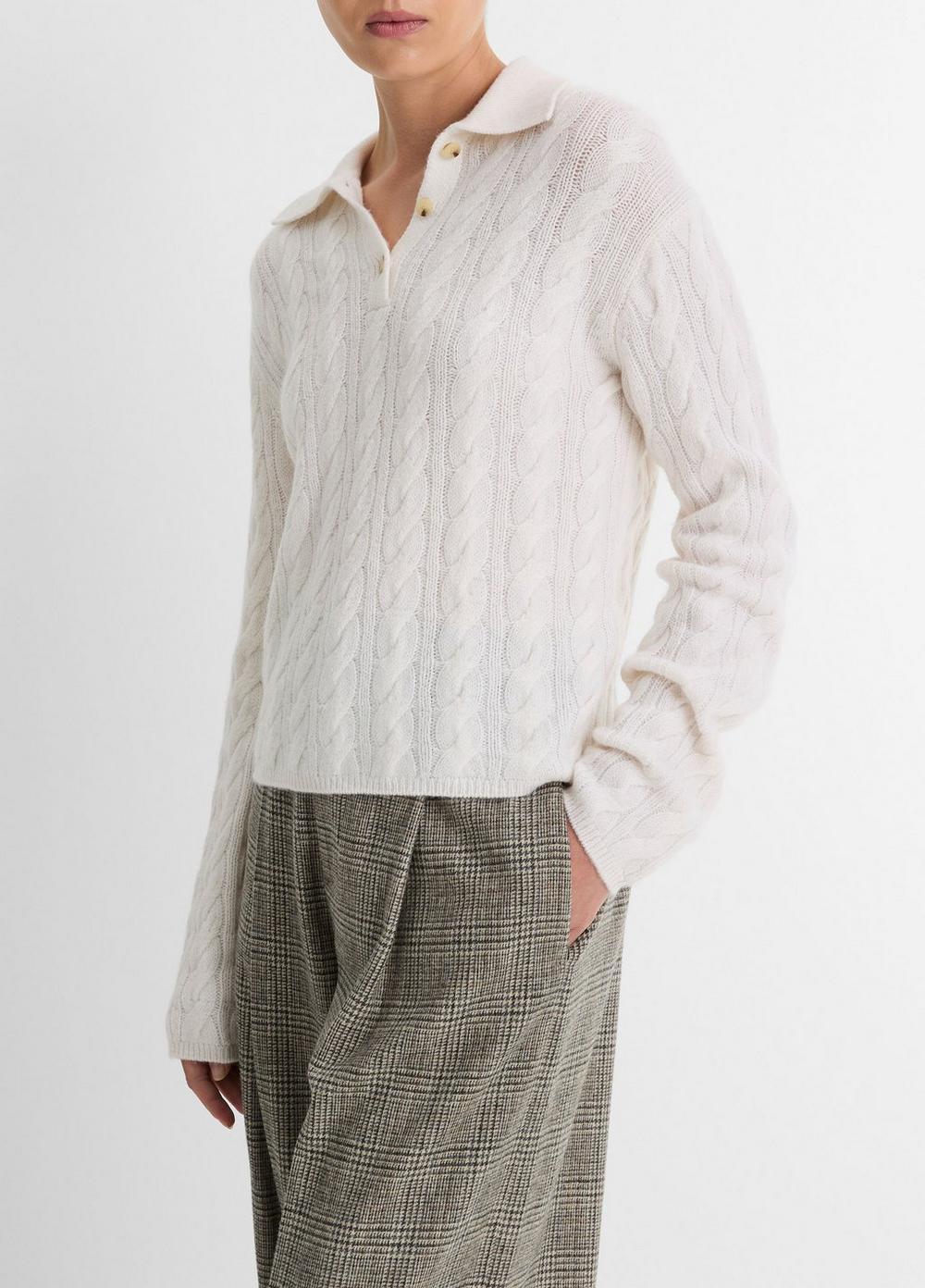 Womens Cable-Knit Wool-Blend Polo Sweater, Off White, Size M Vince Product Image