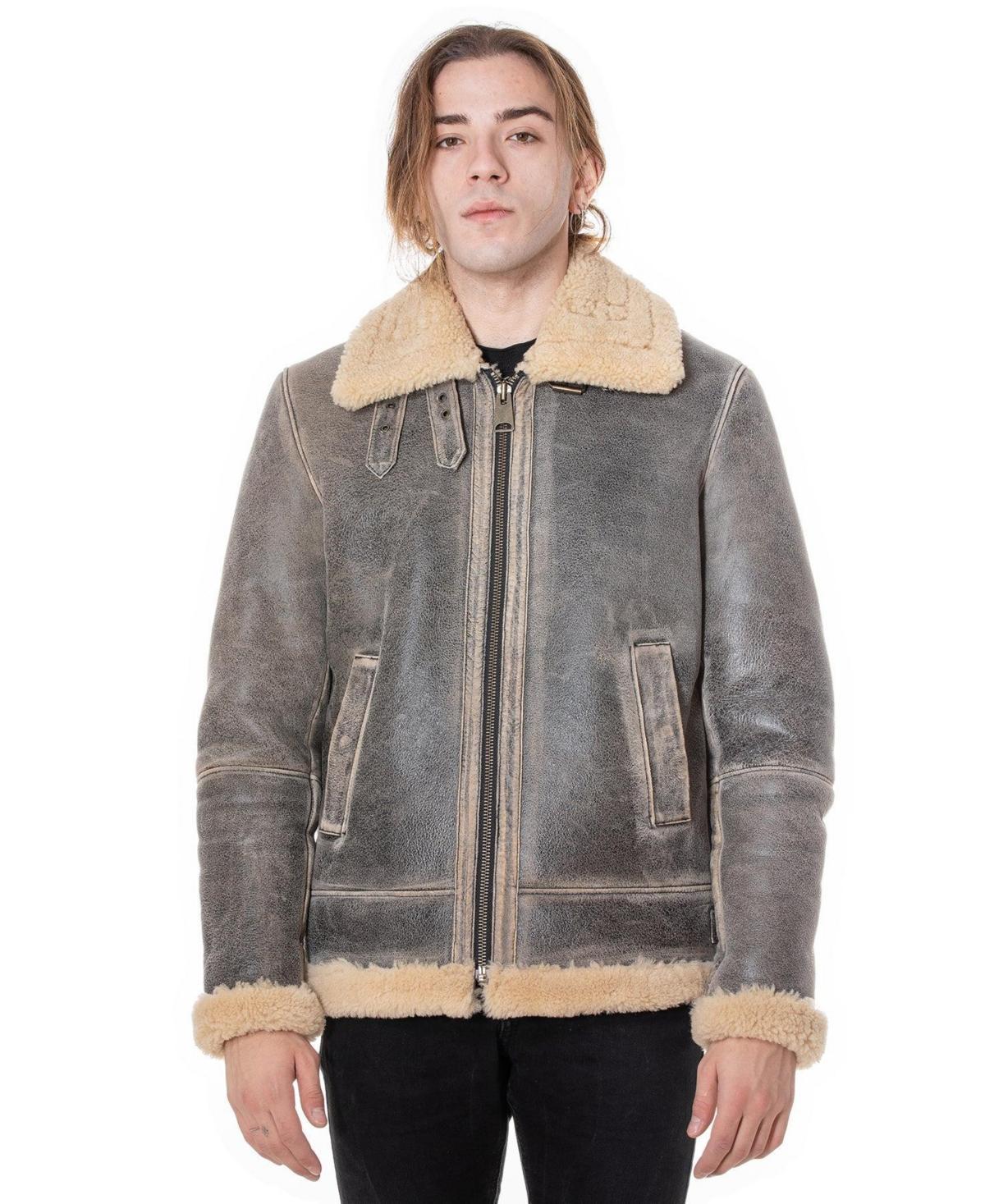 Furniq Uk Mens Aviator Jacket, Distressed Grey with Beige Curly Wool Product Image