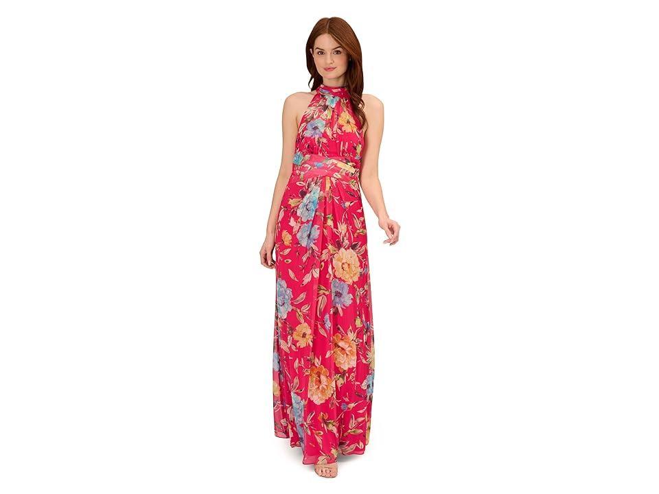 Adrianna Papell Printed Chiffon Mock Neck Halter Long Gown Multi) Women's Clothing Product Image