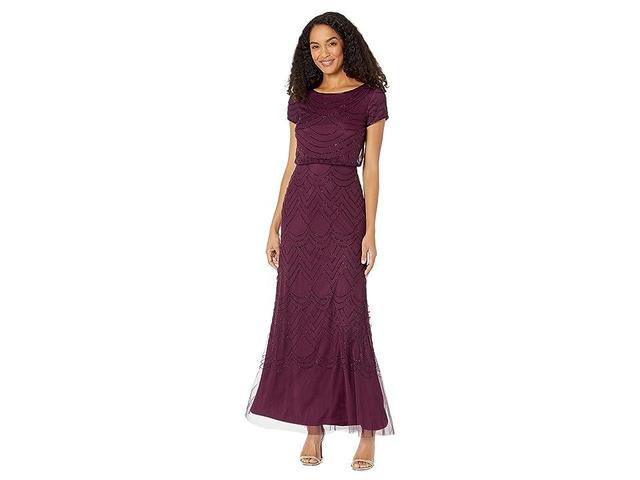 Adrianna Papell Women's Short Sleeve Blouson Beaded Gown (Cassis) Women's Dress Product Image