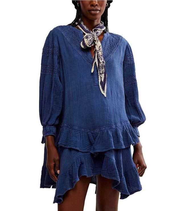 Free People Sachi Cotton V-Neck Long Sleeve Front Button Embroidered Ruffle Hem Mini Dress Product Image