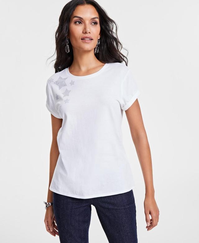 I.n.c. International Concepts Womens Cotton Embellished-Star Tee, Created for Macys Product Image