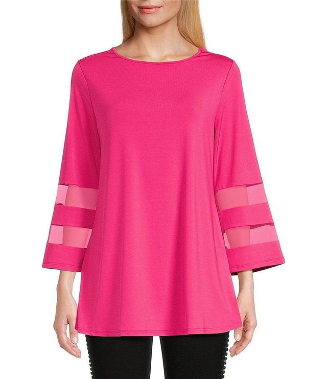 Slim Factor By Investments Crew Neck 3/4 Flared Mesh Insert Sleeve Coordinating Knit Top Product Image