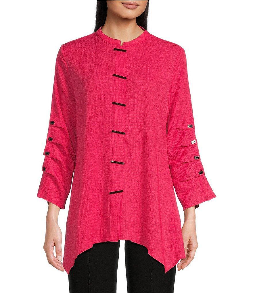 Calessa Textured Crinkle Knit Banded Collar 3/4 Sleeve Button Front Tunic Product Image