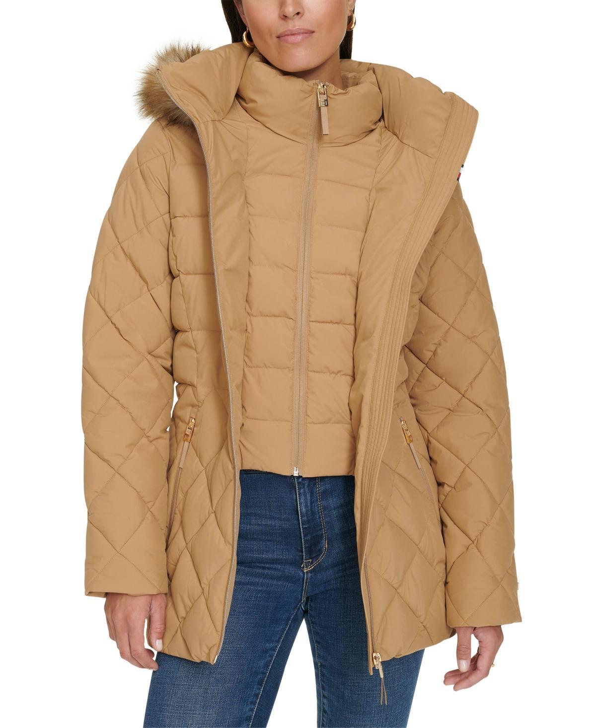 Tommy Hilfiger Womens Bibbed Faux-Fur-Trim Hooded Puffer Coat, Created for Macys Product Image