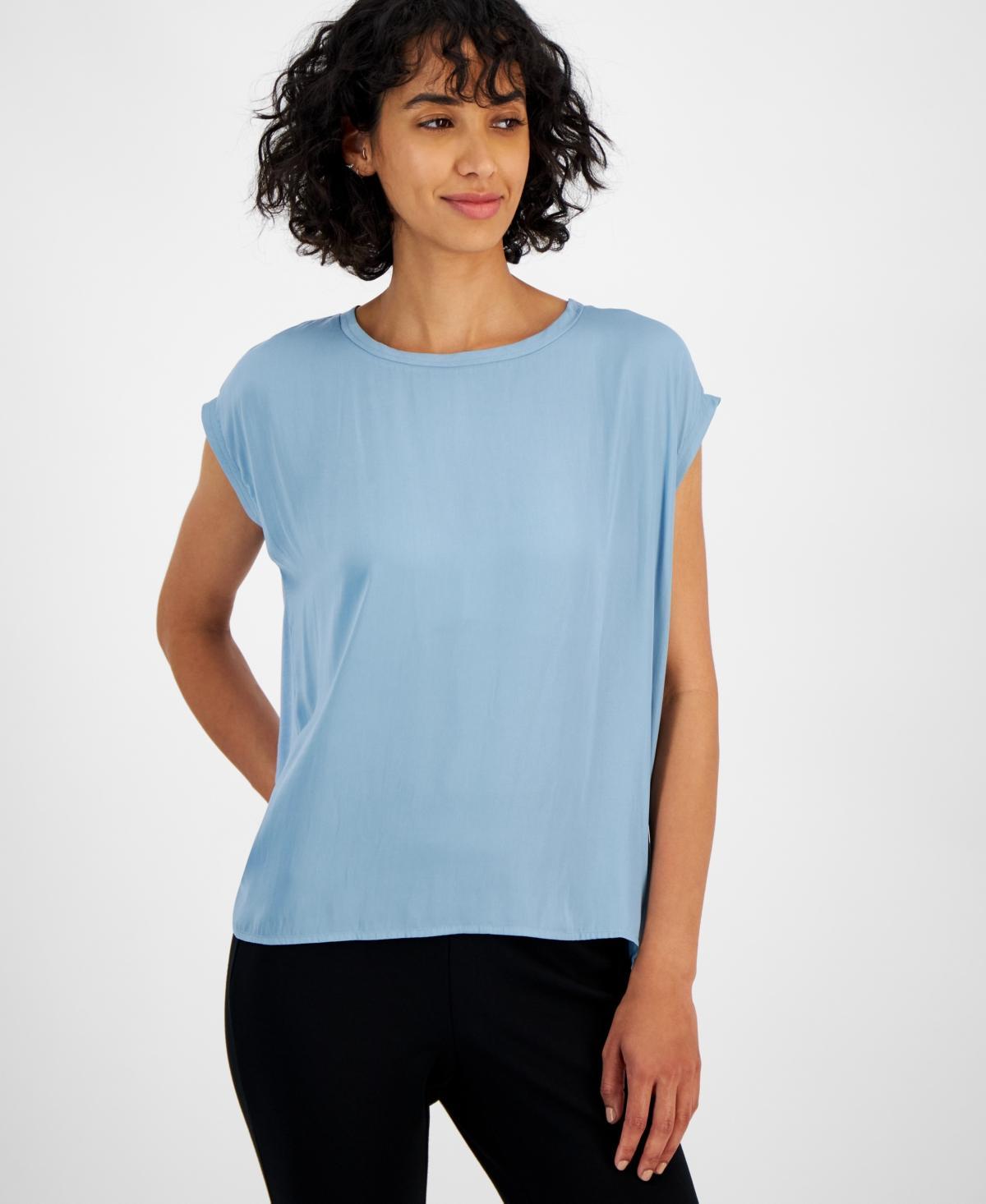 T Tahari Womens Mixed-Media Scoop-Neck Drop-Shoulder Top Product Image