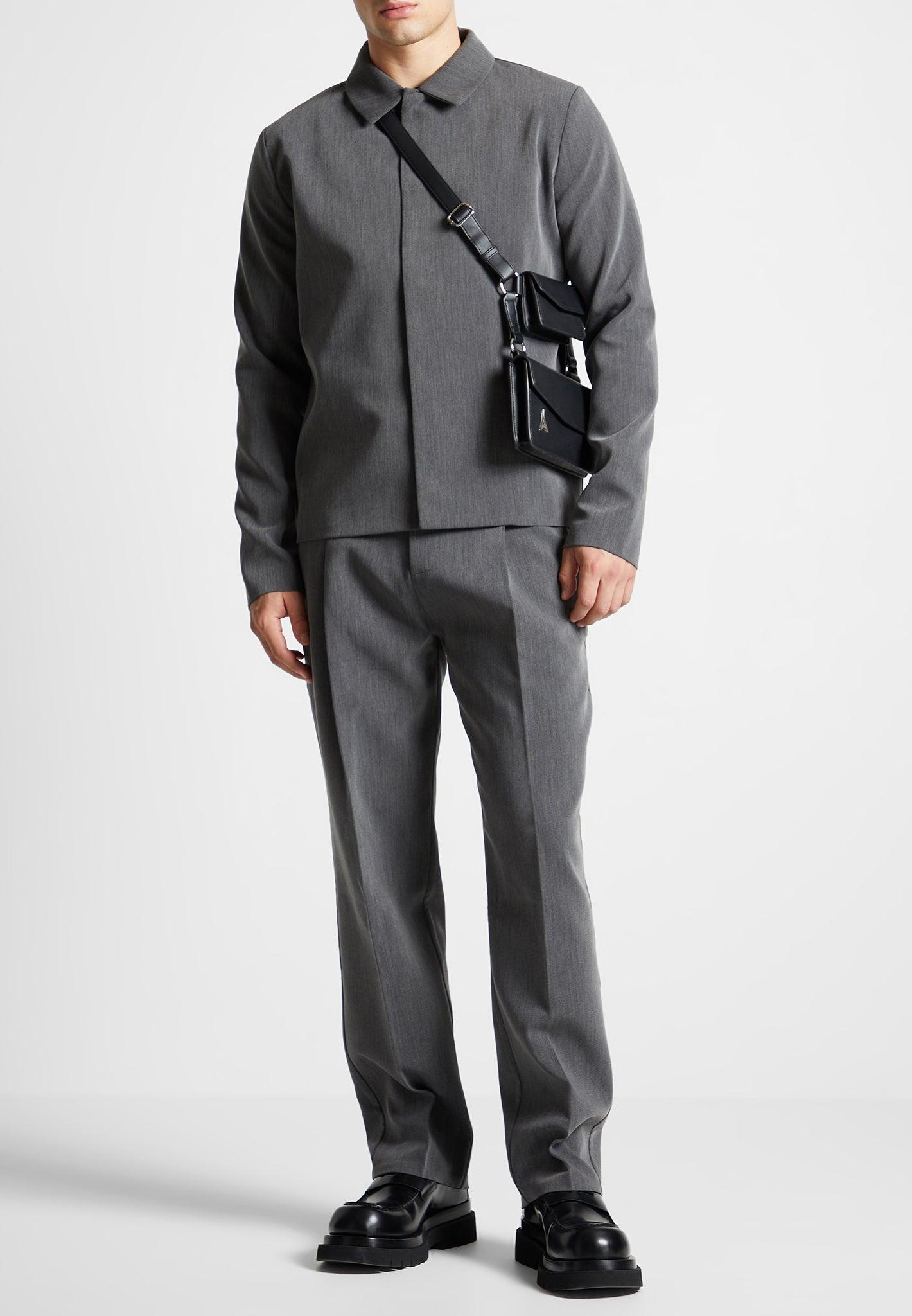 Relaxed Fit Grained Pleated Tailored Trousers - Dark Grey Male Product Image