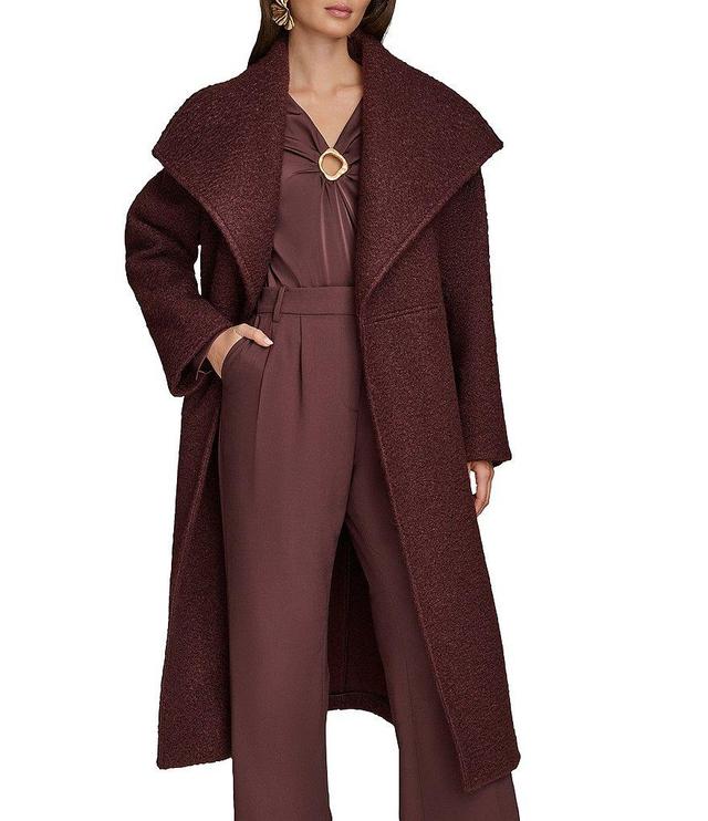 Donna Karan Boucle Belted Wide Collar Long Sleeve Drape-Front Coat Product Image