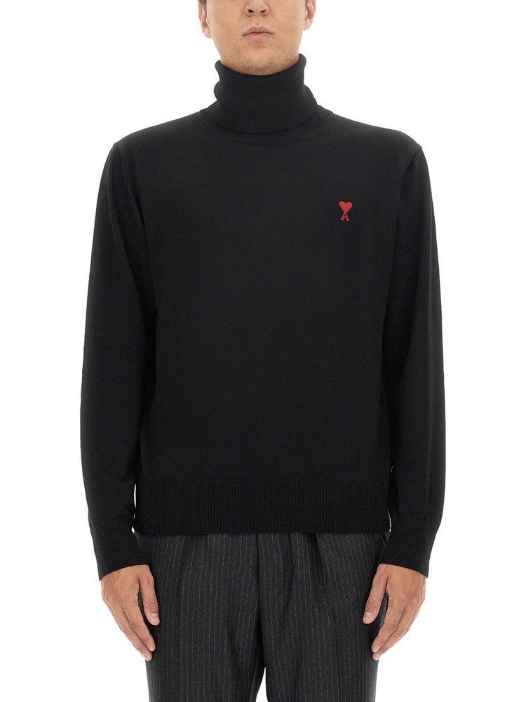 Ami Logo Embroidered Knitted Jumper In Black Product Image