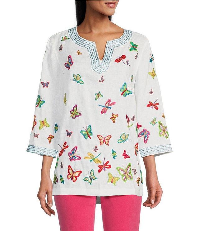 John Mark Linen Blend Butterfly Embroidery Split V-Neck 3/4 Sleeve Tunic Product Image