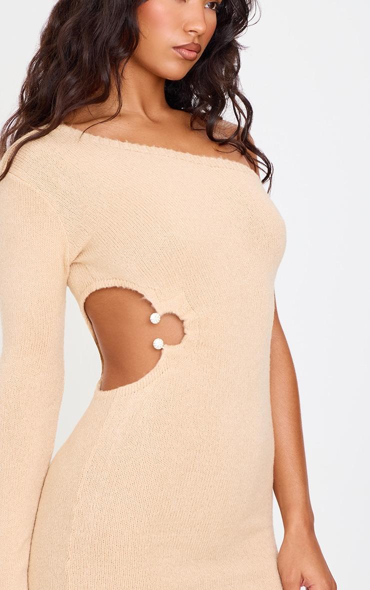 Oatmeal Soft Knit Trim Detail Cut Out One Shoulder Mini Dress Product Image