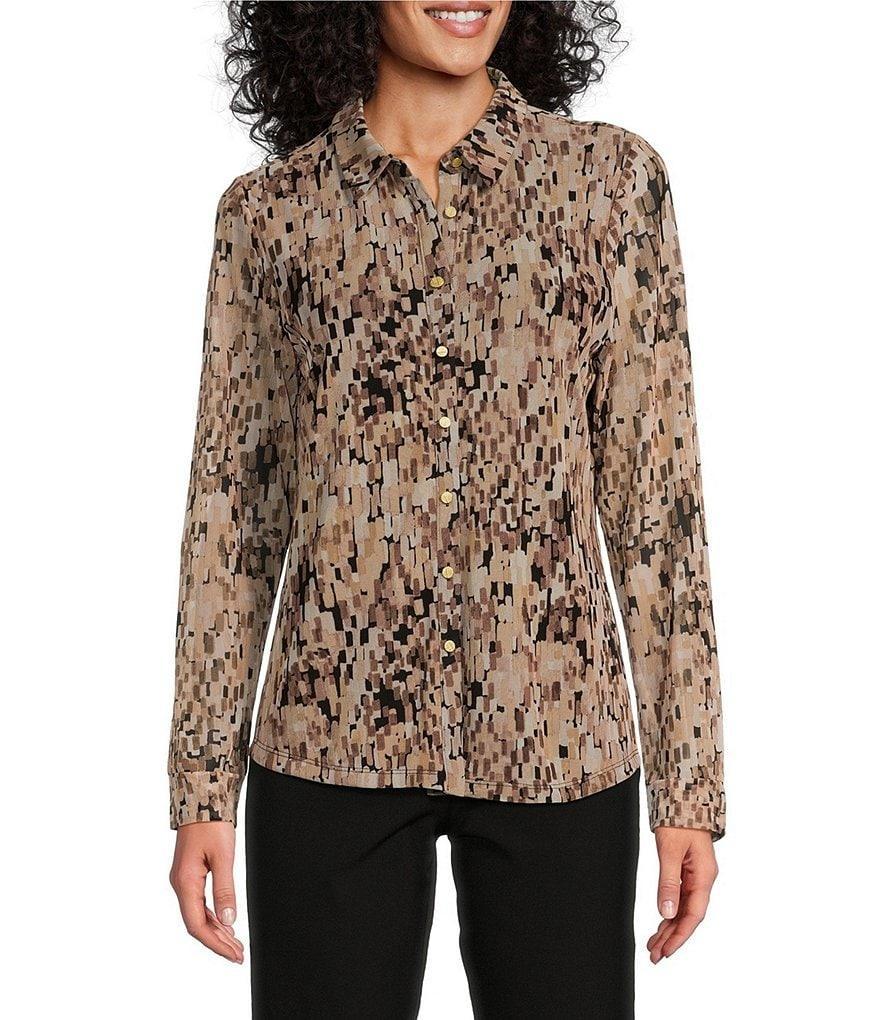 Investments Floral Knit Mesh Long Sleeve Button Front Point Collar Top Product Image