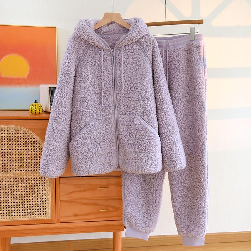 Couple Matching Pajama Set: Long-Sleeve Plain Drawstring Hooded Fleece Zip Top + Pants (Various Designs) Product Image