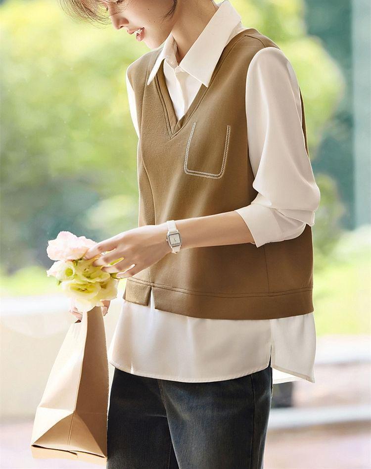 Mock Two-Piece Long-Sleeve Two Tone Knit Shirt Product Image