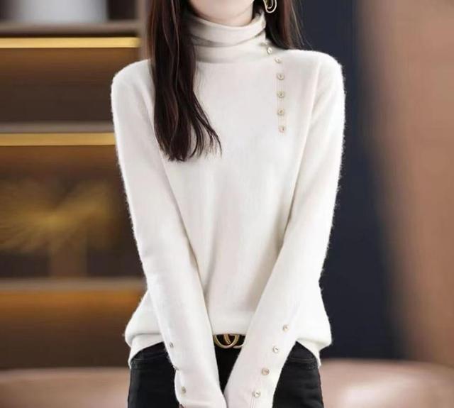 Long-Sleeve Turtleneck Button Accent Knit Top Product Image