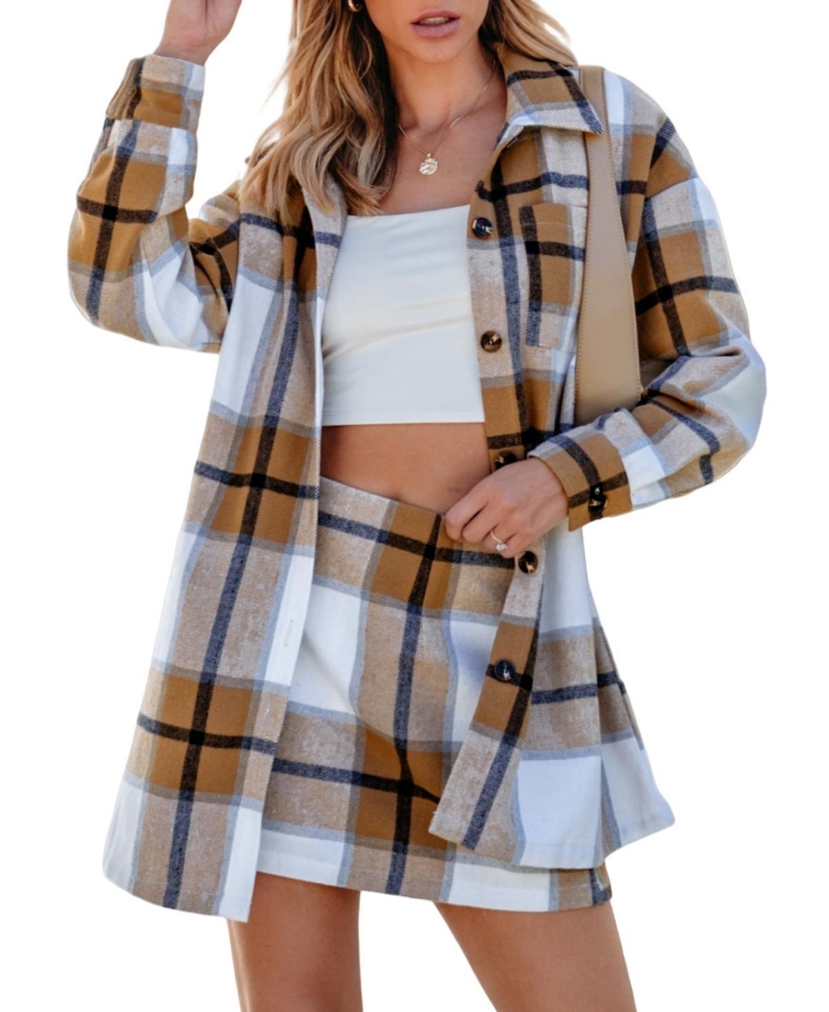 Cupshe Womens Plaid Collared Button Up Top & Mini Skirt Set Product Image