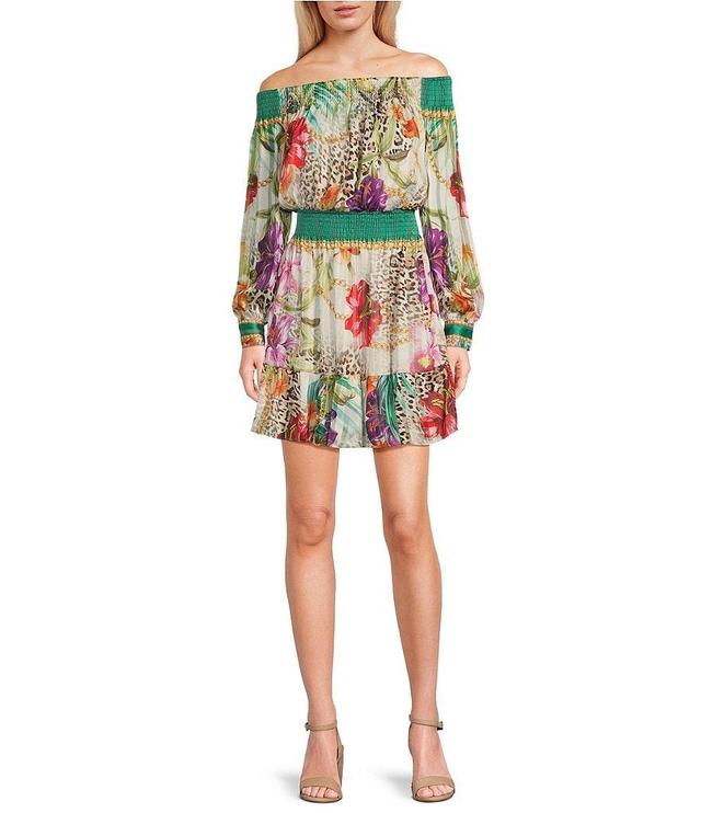 Guess Charlotte Tropical Printed Off-The-Shoulder Long Sleeve Mini Dress Product Image