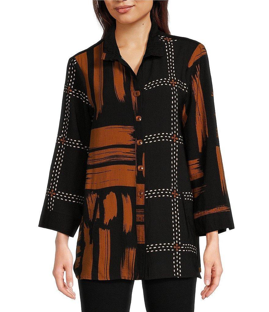 Ali Miles Printed Collar 3/4 Sleeve Button Down Top Product Image