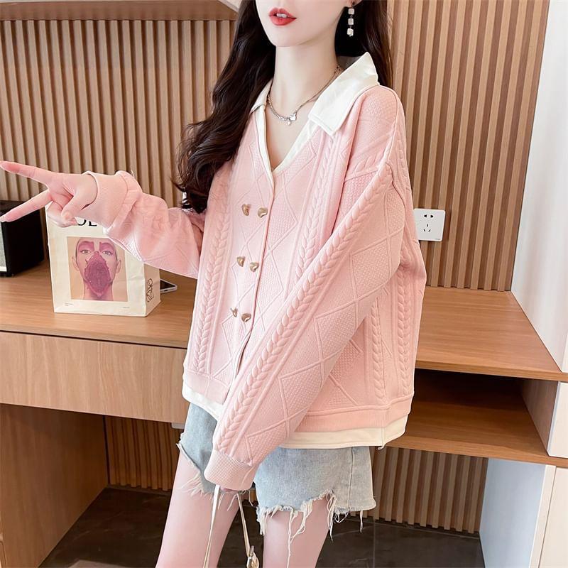 V-Neck Collared Mock Two-Piece Two Tone Jacquard Button-Up Jacket Product Image