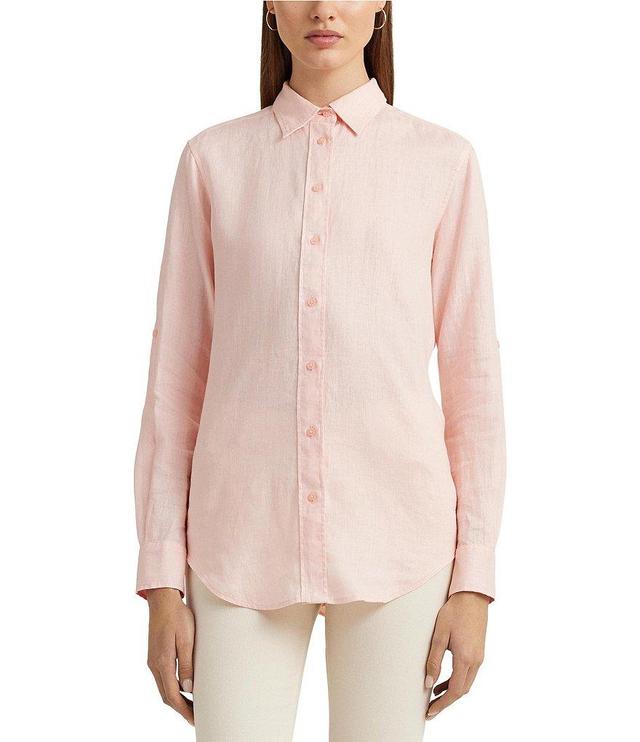 Lauren Ralph Lauren Point Collar Long Roll-Tab Sleeve Button Front Linen Shirt Product Image