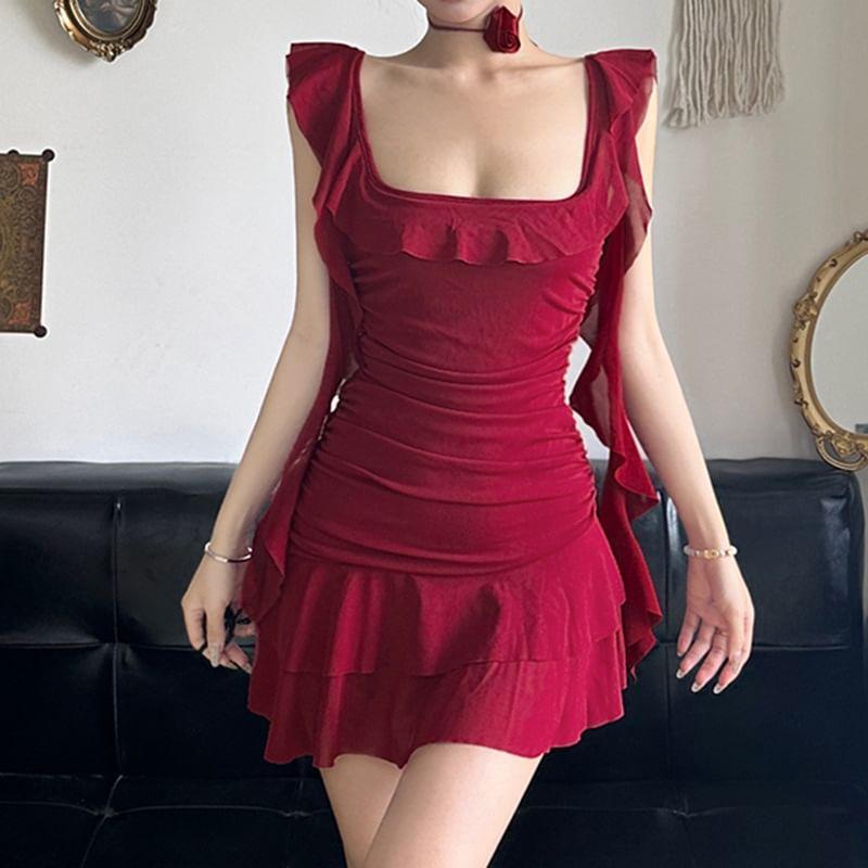 Sleeveless Square Neck Plain Ruffle Asymmetrical Mini A-Line Dress Product Image