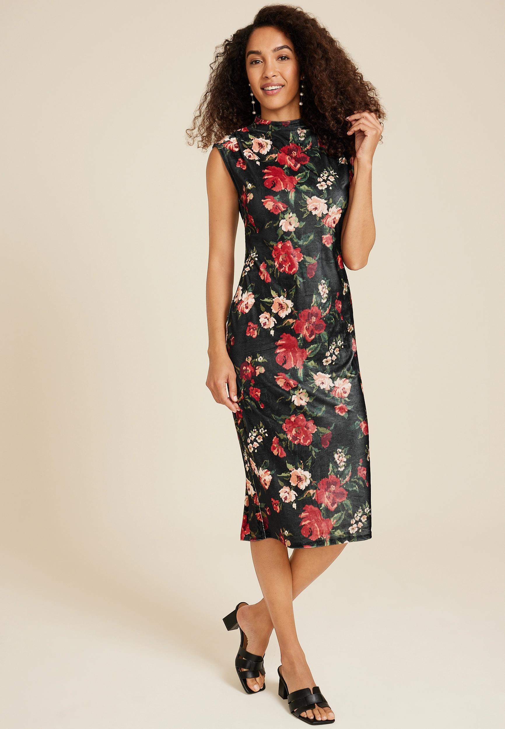 Bare Floral Velvet Mock Neck Dress Product Image