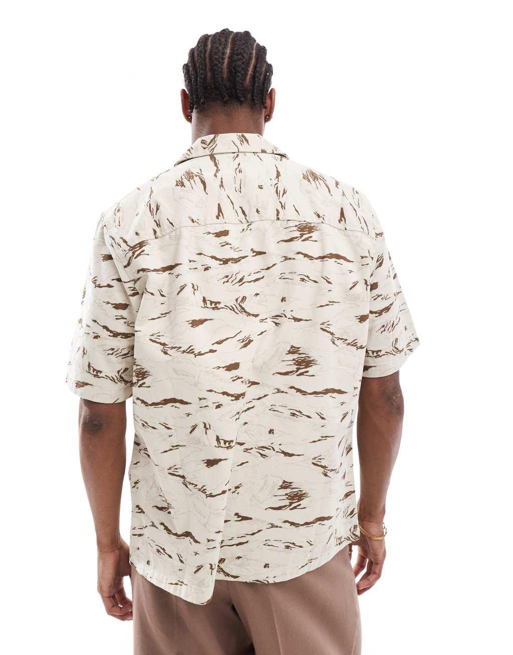 ONLY & SONS revere collar twill shirt with tiger camo print in beige Product Image