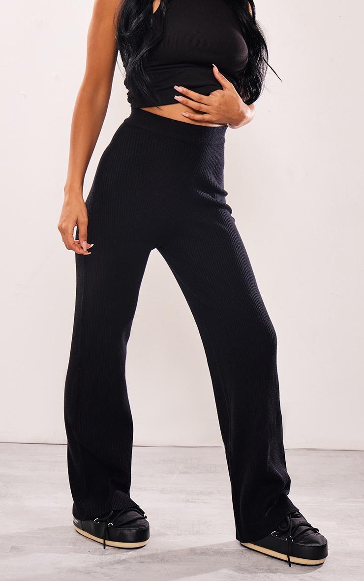 Black Knitted Ribbed Wide Leg Pants Product Image