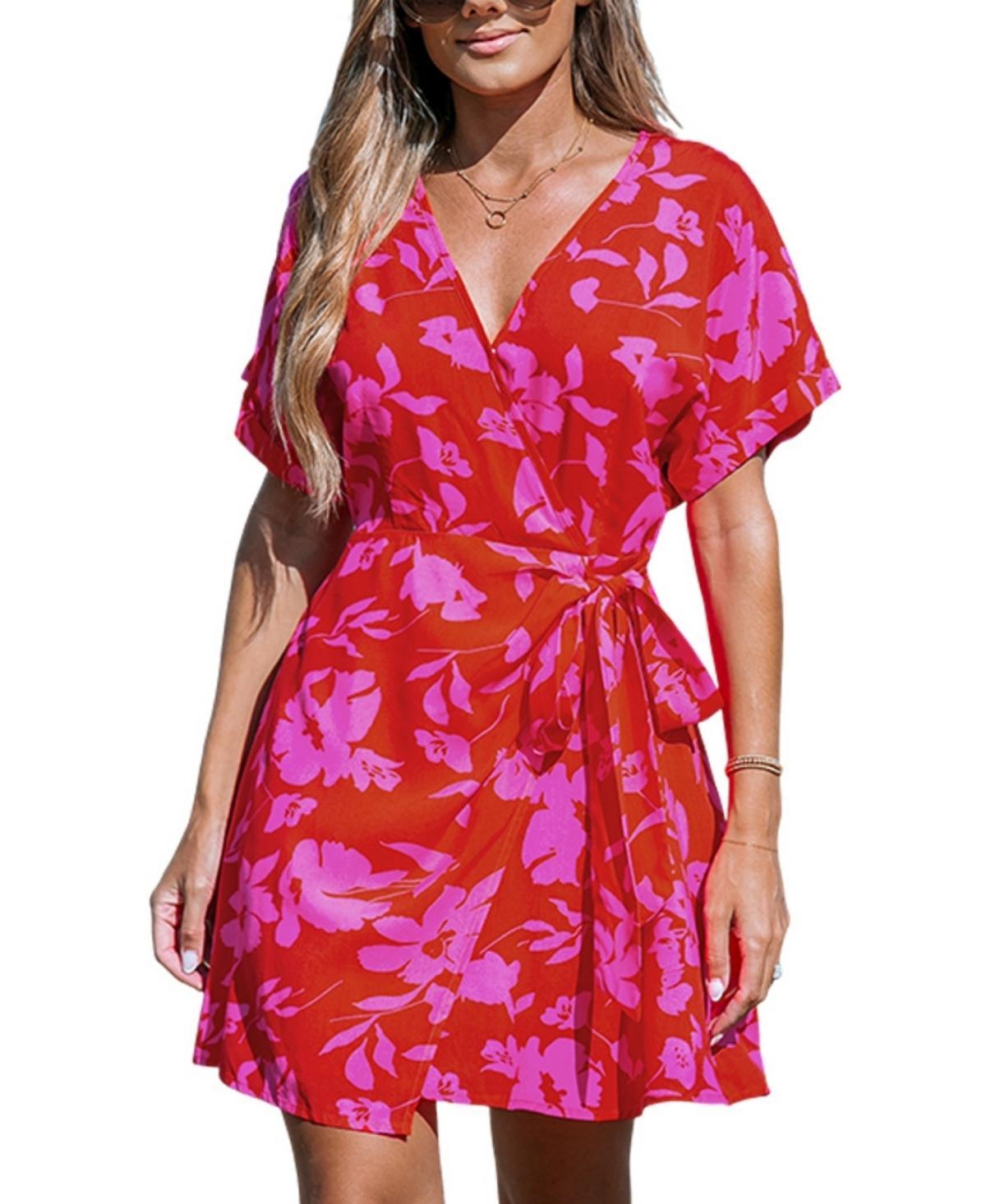 Cupshe Womens Pink Floral Side Tie Wrap Mini Beach Dress Product Image