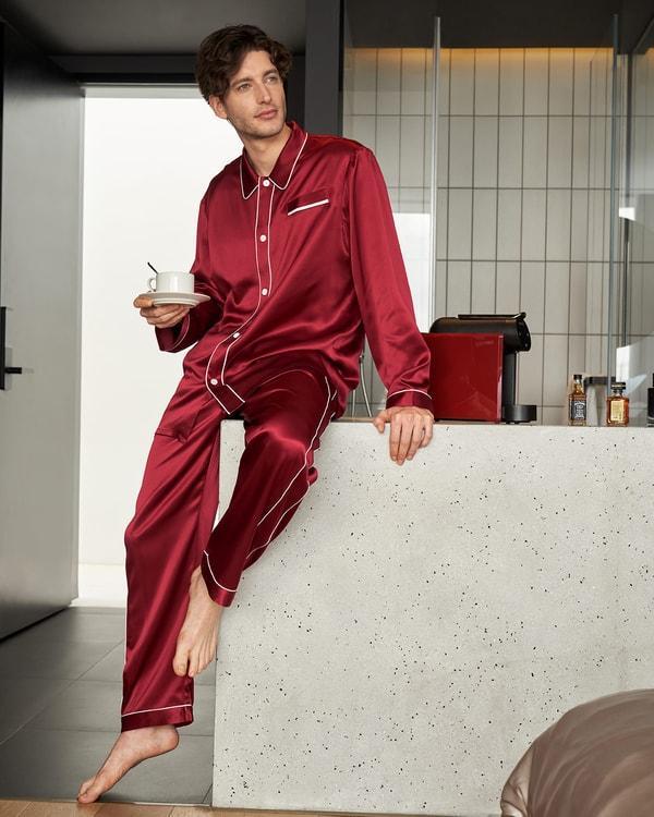 22 Momme Unique Silk Pajamas Set with Double Row Pipping Product Image